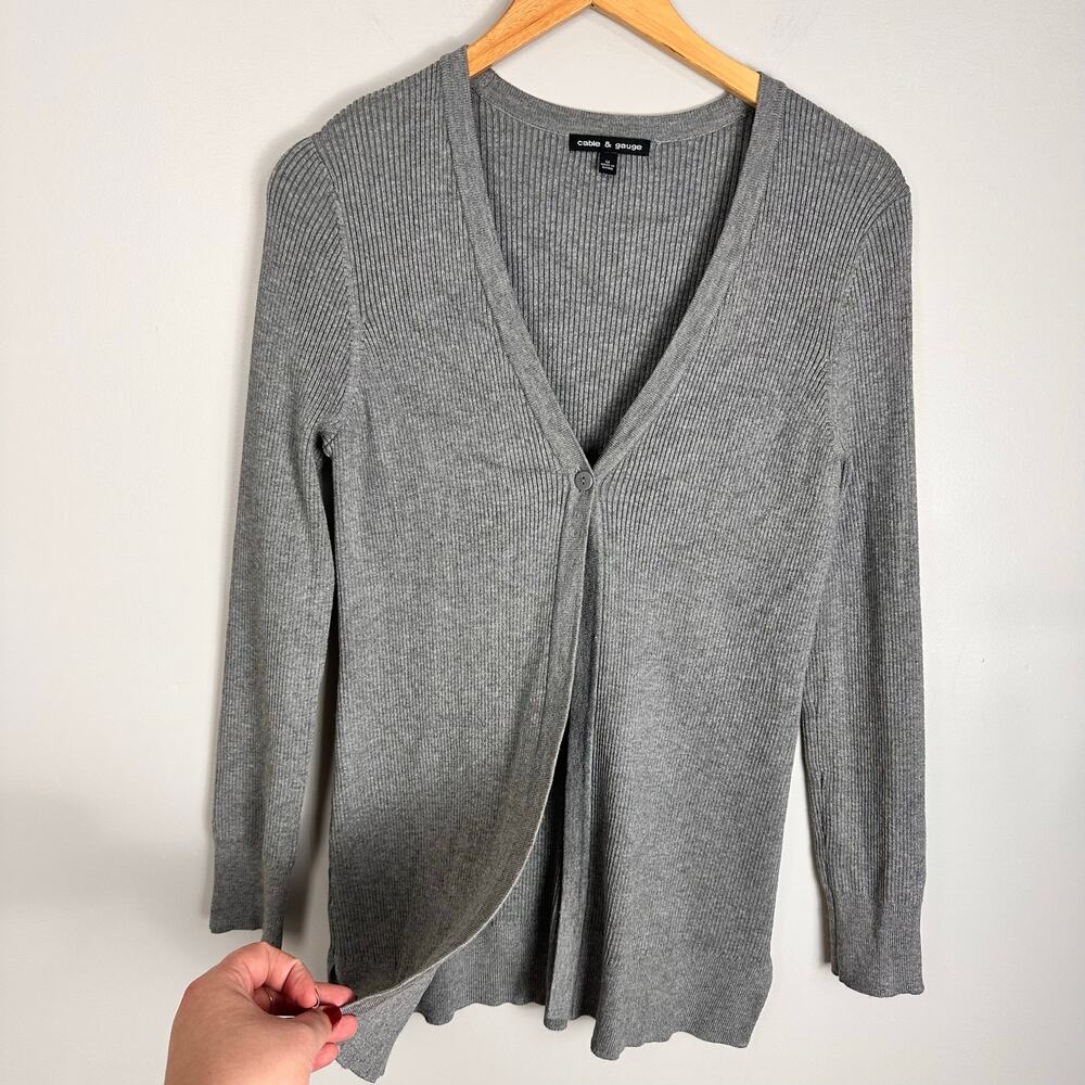 Cable & Gauge Ribbed Single Button Cardigan Gray Sz M 90s Minimalist Clean Girl